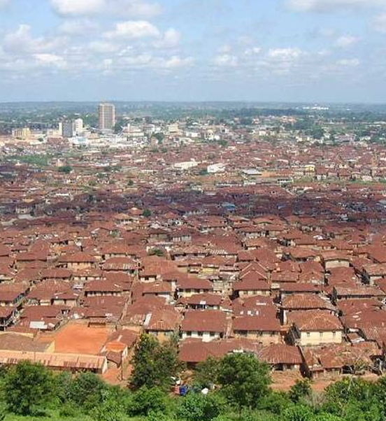 Aerial view of a city with dense housing